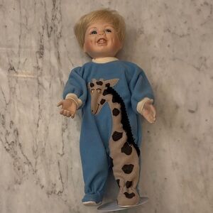 Porcelain Blue Giraffe Appliqué Baby Doll with Stand , new